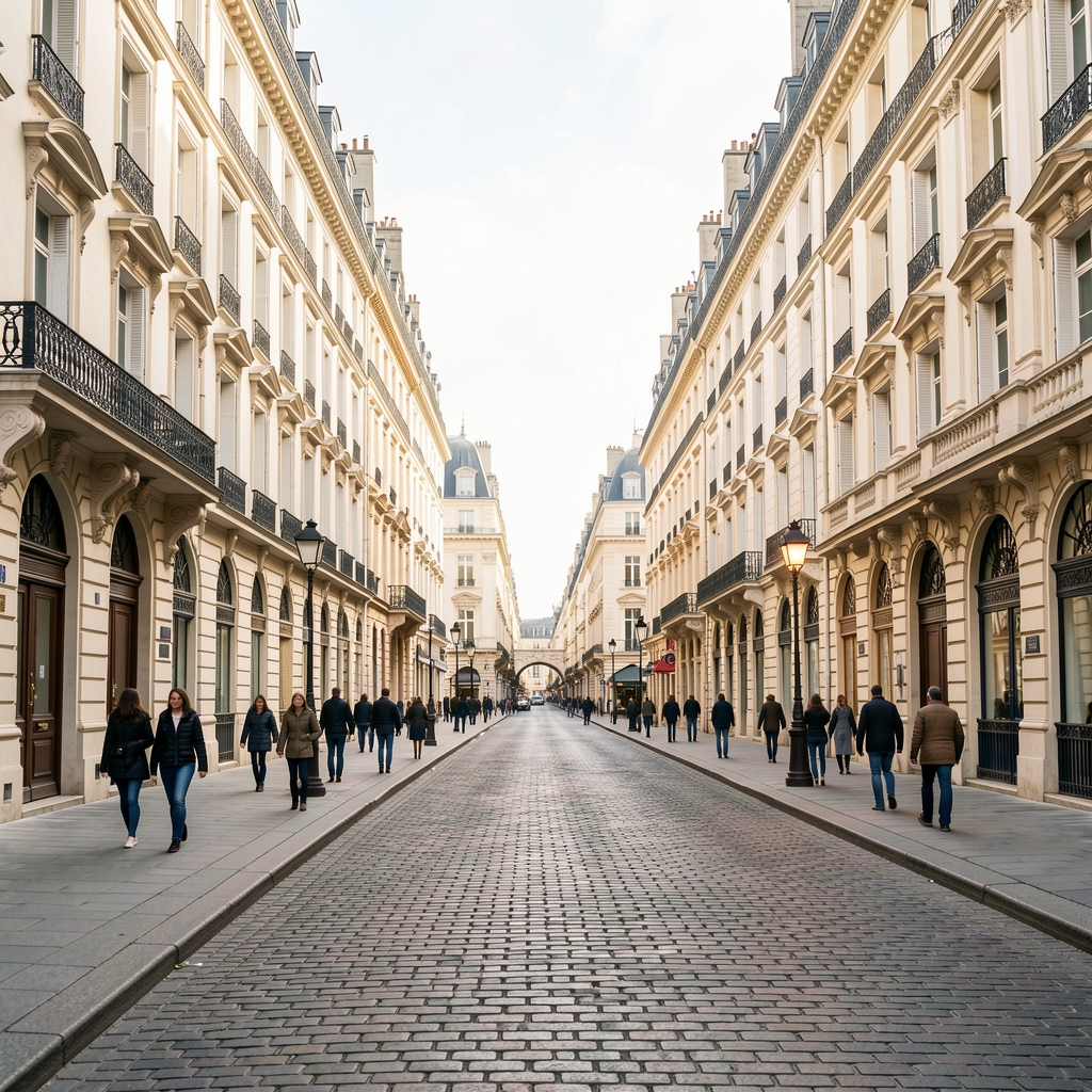 Rue de Rivoli à Paris avec façades claires et passants dans une lumière douce