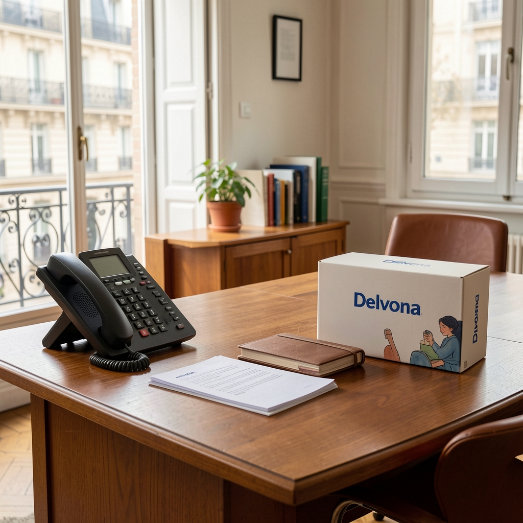 Bureau de service client avec téléphone, carnet et boîte Delvona dans un intérieur parisien