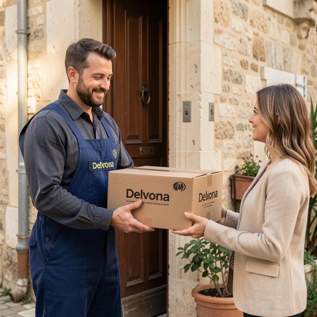 Livreur remettant un colis Delvona discret à une cliente devant une porte en France