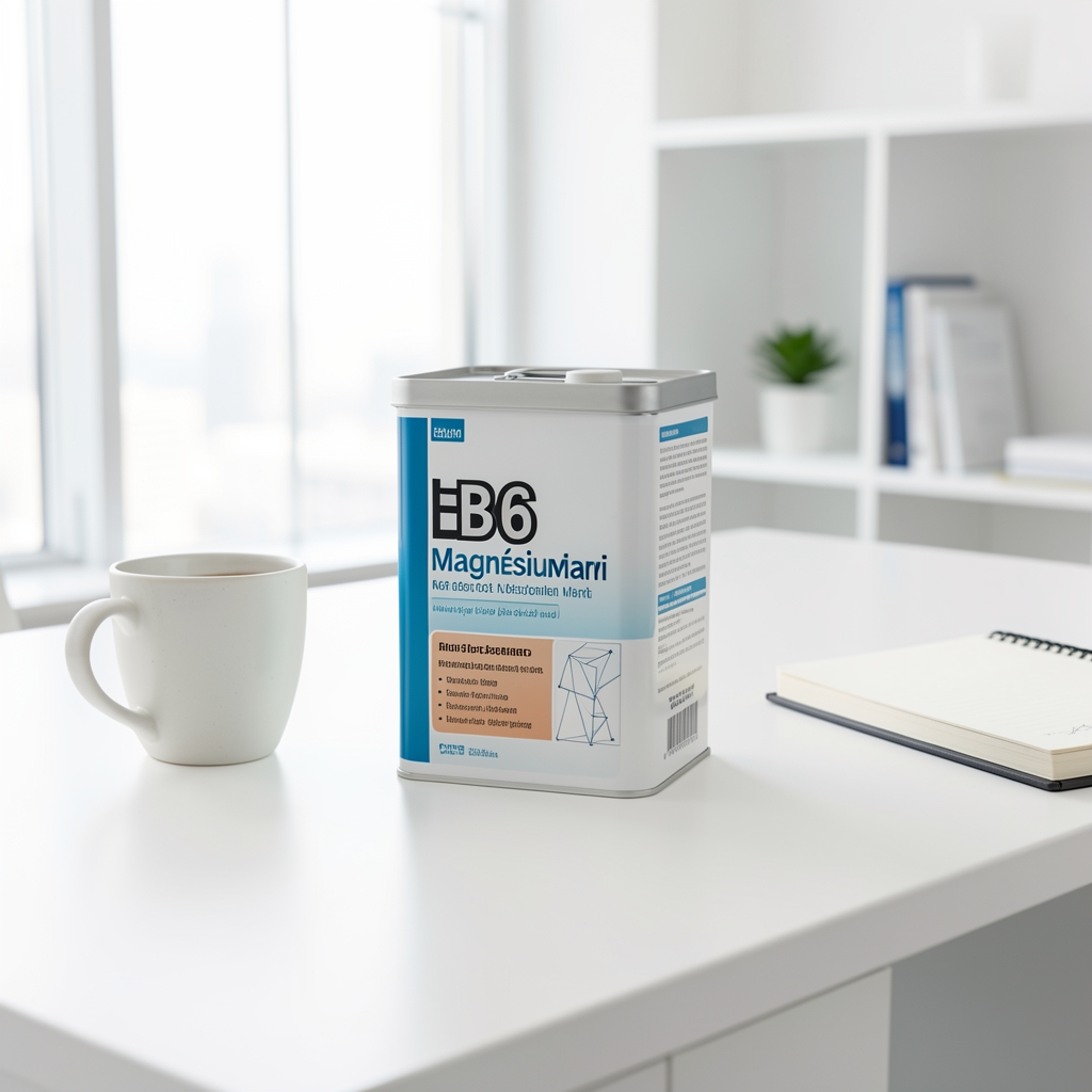 Boîte de Magnésium Marin B6 posée sur un plan de travail clair avec une tasse et un carnet