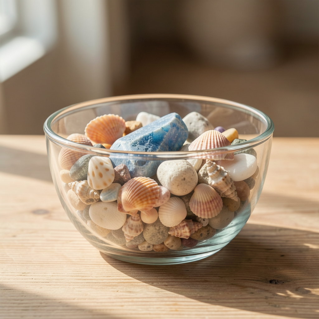 Minéraux marins dans un bol en verre avec coquillages et lumière naturelle