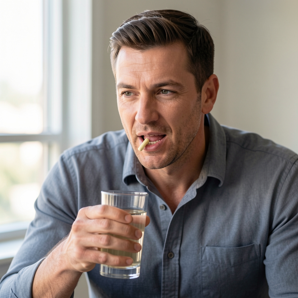 Adulte actif prenant une gélule avec un verre d'eau dans une cuisine claire au matin