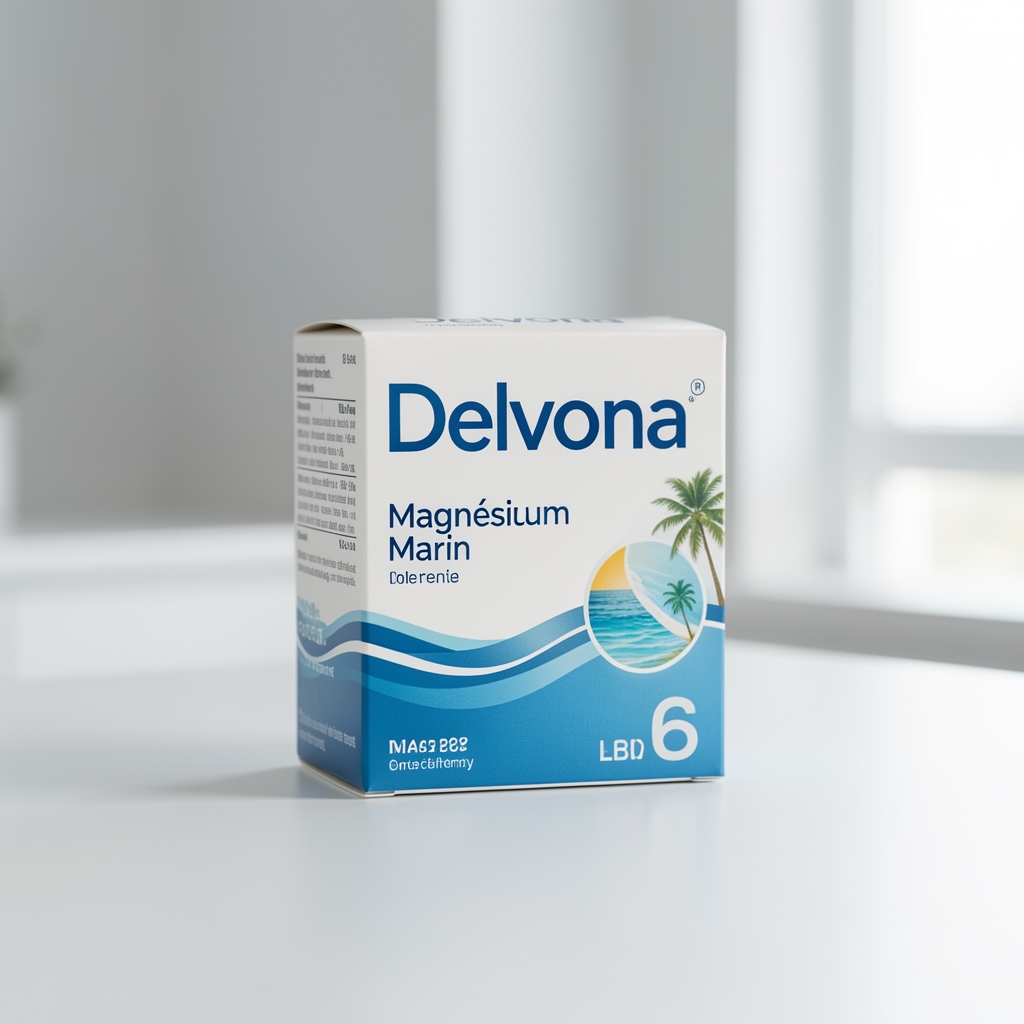 Boîte Delvona Magnésium Marin B6 fermée posée sur une surface claire