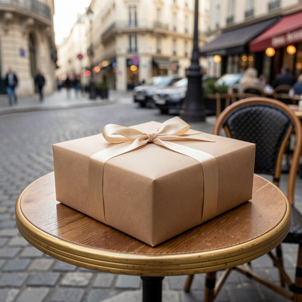 Colis Delvona soigneusement emballé posé sur une table parisienne