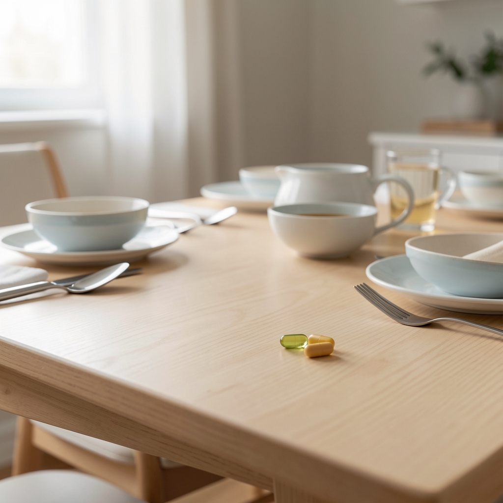 Table de petit-déjeuner claire avec une gélule posée près d'un verre d'eau et un carnet ouvert